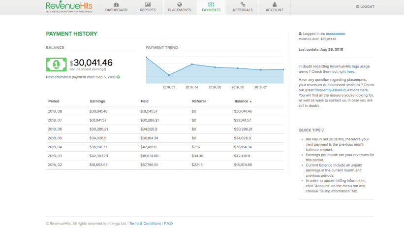 Payment History RevenueHits Payment History RevenueHits